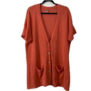 J Jill Womens XL Cardigan Open Knit Short Sleeve Tunic Length Linen Blend Coral